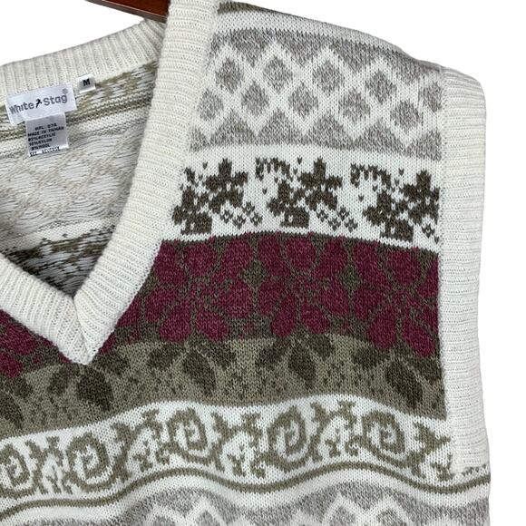 Vintage White Stag Sweater Vest Wool Blend Knit Flower Stripe Pattern Women’s M - Picture 3 of 7